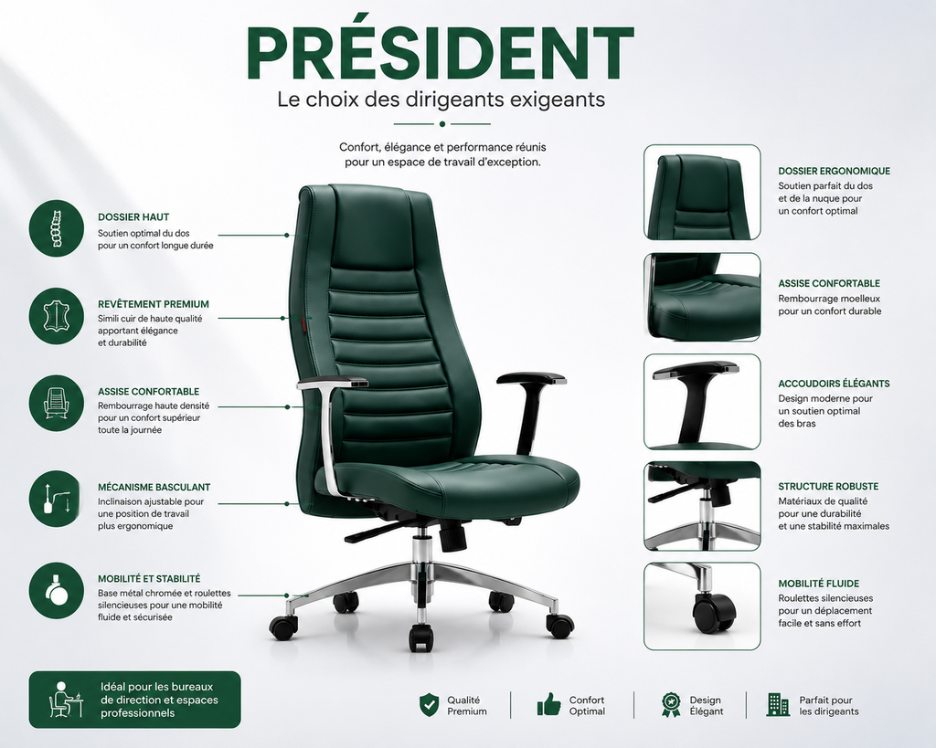 Pack Executive Emerald Fauteuil Président + 2 Fauteuils Visiteurs