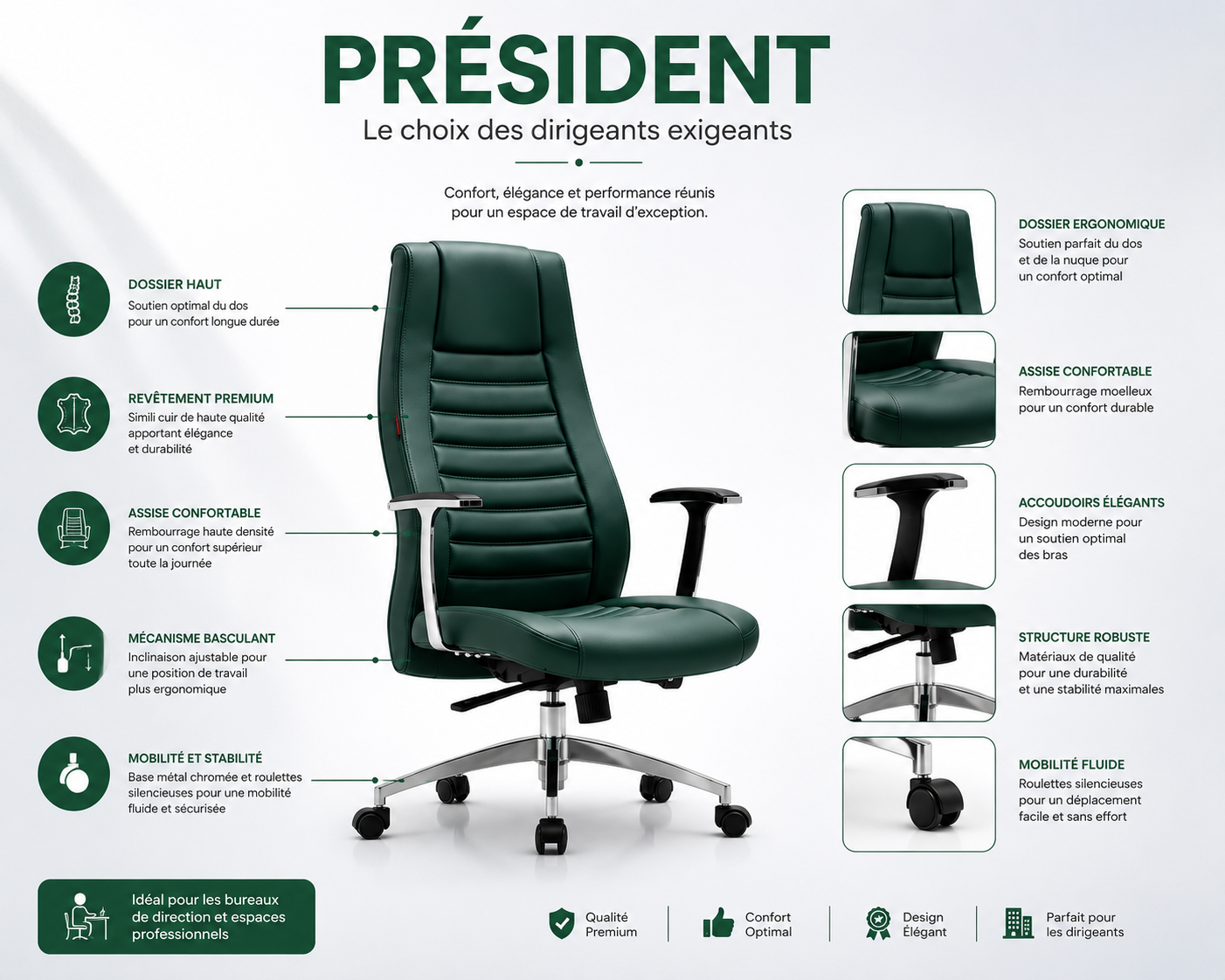 Pack Executive Emerald Fauteuil Président + 2 Fauteuils Visiteurs